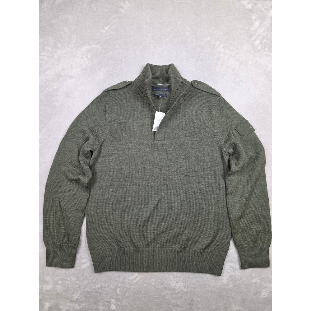 Banana Republic Sweater Men M Green Quarter Zip Epaulets Wool Blend Italian Yarn